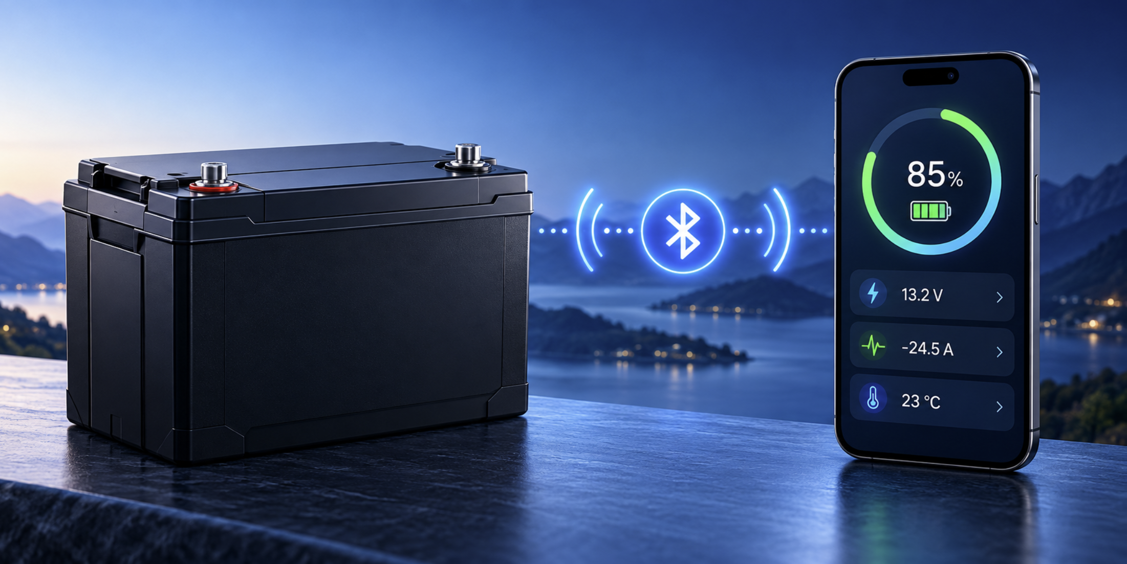 Litija akumulators blakus tālrunim ar lietotni un Bluetooth simbolu, kas attēlo bezvadu uzraudzību tuvumā.