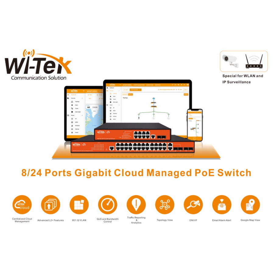 WI-PCMS310GF ~ CLOUD L2 Gigabit pārvaldāms PoE komutators 8GE(24V/48V-PoE)+2SFP+1CON (PoE 150W)