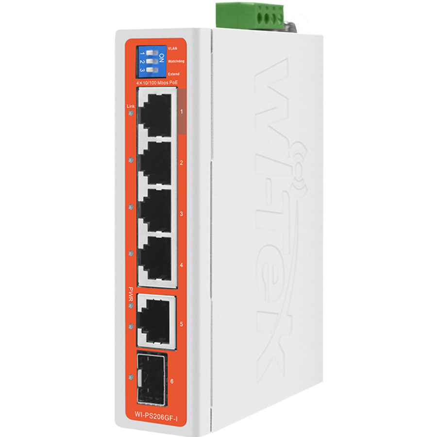 WI-PS206GF-I V2 ~ Industriāls PoE komutators 4FE(PoE)+1GE(Uplink)+1SFP(PoE 55W) DIN-Rail mount