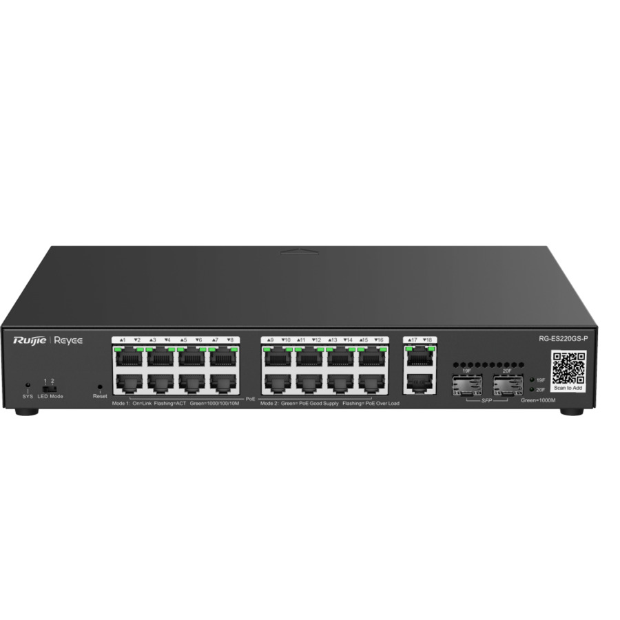 RG-ES220GS-P ~ Gigabit pārvaldāms PoE komutators 16GE(PoE)+2GE(Uplink)+2SFP(PoE 250W)