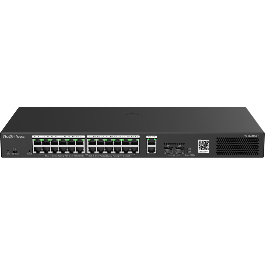 RG-ES228GS-P ~ Gigabit pārvaldāms PoE komutators 24GE(PoE)+2GE(Uplink)+2SFP(PoE 370W)