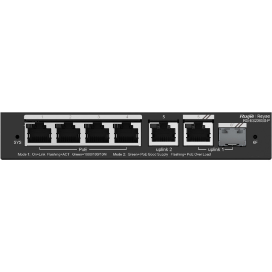 RG-ES206GS-P ~ Gigabit pārvaldāms PoE komutators 4GE(PoE)+1GE(Uplink)+1Combo(PoE 54W)