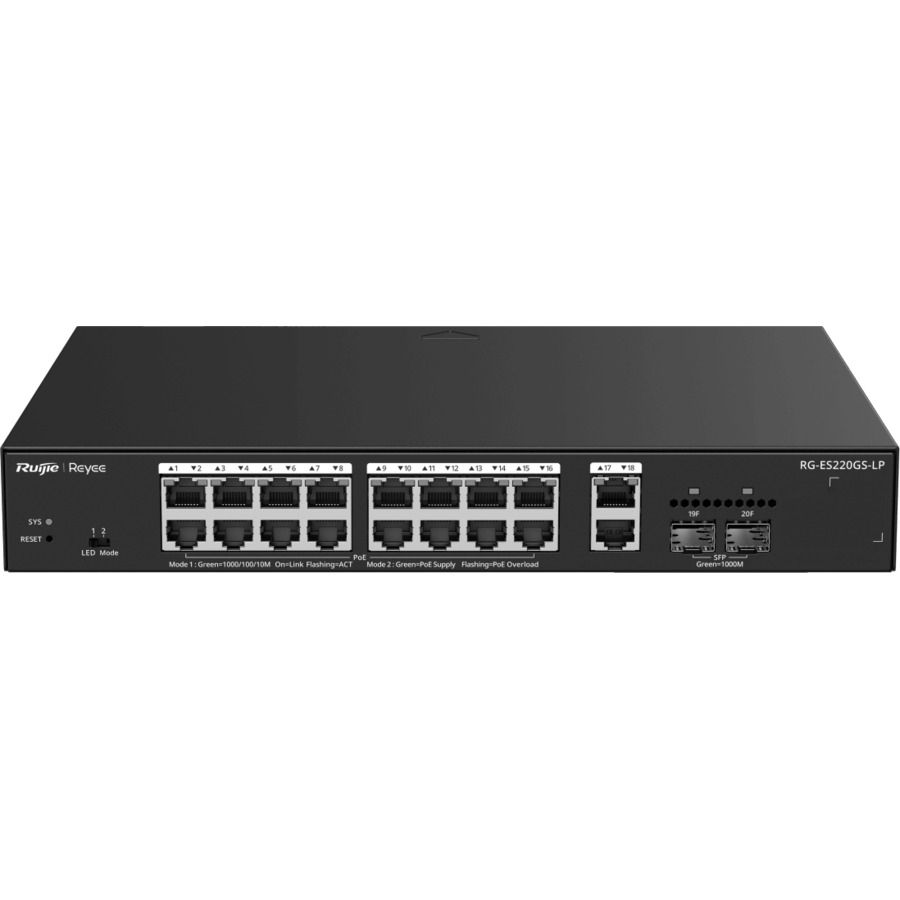 RG-ES220GS-LP ~ Gigabit pārvaldāms PoE komutators 16GE(PoE)+2SFP+2GE(Uplink)(PoE 130W)