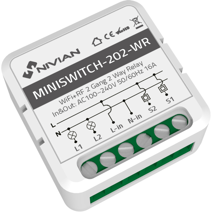 NVS-MINISWITCH-202-WR ~ Nivian WiFi умное реле на 2 линии 16A (Tuya APP)